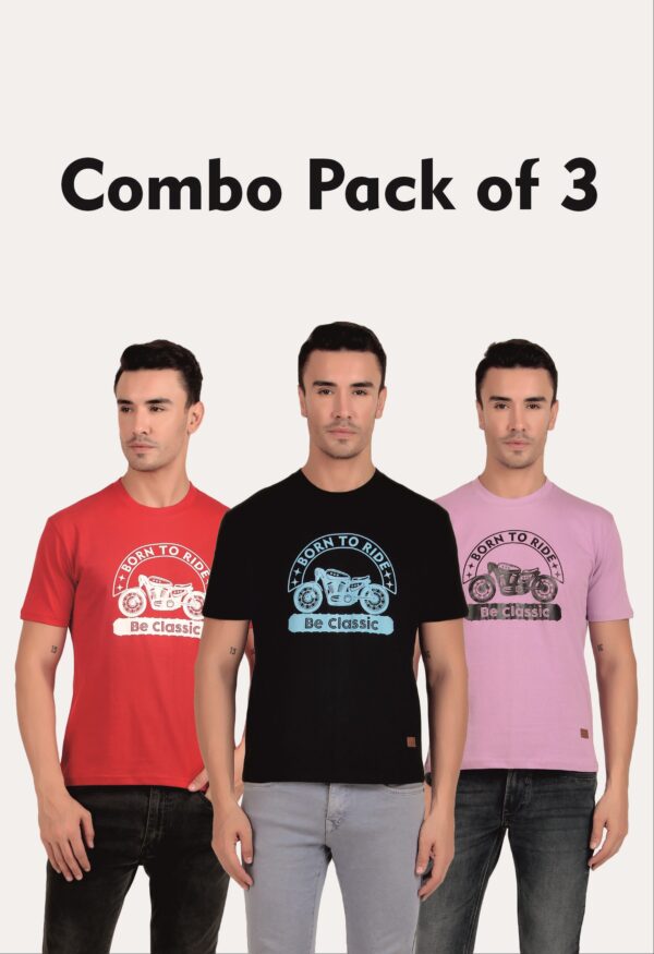 Combo Pack of 3 Tulic Men's Born To Ride Printed T-Shirt, Red, Black, Wisteria (Regular Fit)