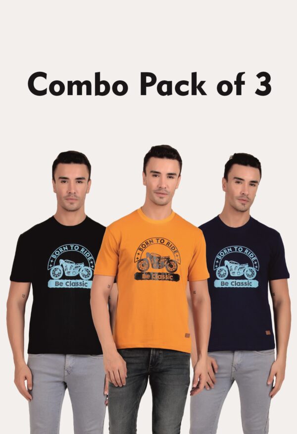 Combo Pack of 3 Tulic Men's Born To Ride Printed T-Shirt, Black, Cadmium Orange, Navy Blue (Regular Fit)