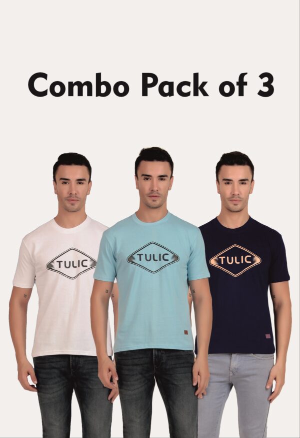 Combo Pack of 3 Tulic Men's Thombus Printed T-Shirt, White, Ocean Blue, Navy Blue (Regular Fit)