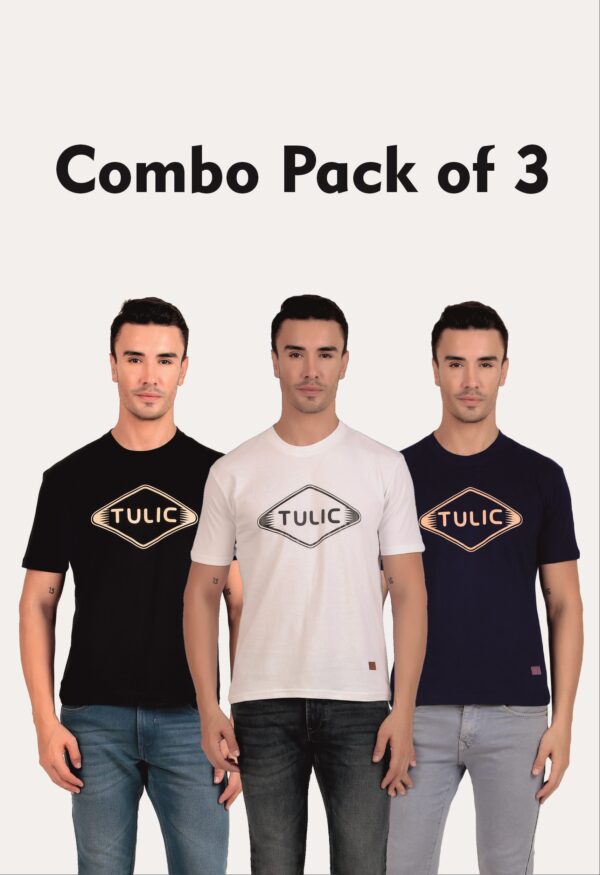 Combo Pack of 3 Tulic Men's Thombus Printed T-Shirt, Black, White, Navy Blue (Regular Fit)