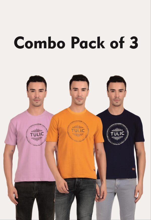 Combo Pack of 3 Tulic Men's Circle Printed T-Shirt, Wisteria, Cadmium Orange, Navy Blue (Regular Fit)