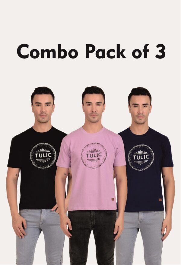 Combo Pack of 3 Tulic Men's Circle Printed T-Shirt, Black, Wisteria, Navy Blue (Regular Fit)