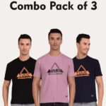 Combo Pack of 3 Tulic Men's Triangle Printed T-Shirt, Black, Wisteria, Navy Blue (Regular Fit)