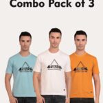Combo Pack of 3 Tulic Men's Triangle Printed T-Shirt, Ocean Blue, White, Cadmium Orange (Regular Fit)