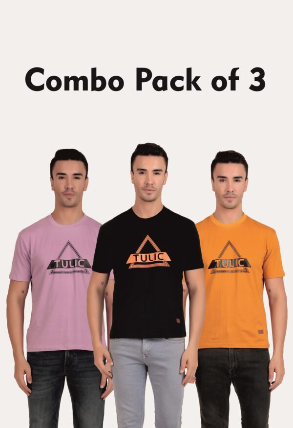 Combo Pack of 3 Tulic Men's Triangle Printed T-Shirt, Wisteria, Black, Cadmium Orange (Regular Fit)
