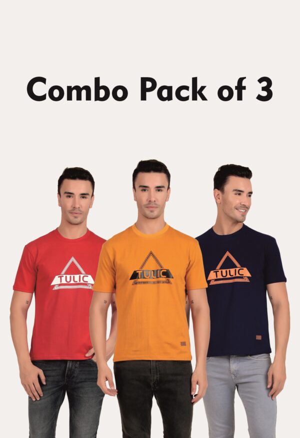 Combo Pack of 3 Tulic Men's Triangle Printed T-Shirt, Red, Cadmium Orange, Navy Blue (Regular Fit)